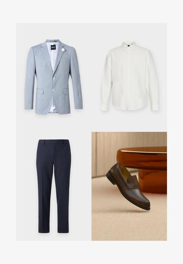 Blazer azul claro para hombre con solapa de muesca, dos bolsillos delanteros con tapa, dos botones, alfiler blanco de flor y etiqueta BOSS en el interior del cuello.; Camisa blanca de manga larga con botones, rayas verticales finas y cuello puntiagudo, mostrada extendida sobre un fondo blanco.; Pantalones de marina hechos de una tela suave, con un corte recto, presillas para cinturón y un cierre de botón único en la cintura.; Mocasín de cuero marrón oscuro mostrado en el aire sobre una alfombra beige con una mesa redonda de madera pulida en el fondo.