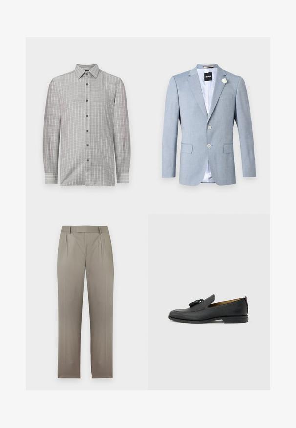 Blazer bleu clair pour homme avec col à revers cranté, deux poches avant à rabat, deux boutons, épingle fleur blanche et étiquette BOSS à l’intérieur du col.; Chemise à manches longues pour hommes en gris clair, présentant un motif à carreaux avec des accents foncés, un plastron boutonné et un col classique. Texture textile lisse.; Pantalon sur mesure marron clair avec passants de ceinture, plis avant et jambes droites, présenté sur fond blanc.; Mocassin pour homme en cuir noir avec pompons, bout arrondi, petit talon et languette à l'arrière, présenté de profil sur un fond gris clair.