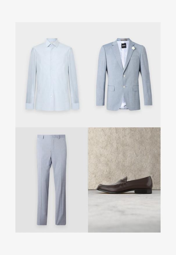 Blazer bleu clair pour homme avec col à revers cranté, deux poches avant à rabat, deux boutons, épingle fleur blanche et étiquette BOSS à l’intérieur du col.; Chemise homme bleu clair à manches longues, fermeture boutonnée sur le devant, col pointu et motif à carreaux discret.; Pantalon formel bleu clair avec plis avant, passants de ceinture et coupe droite, présenté sur un fond uni.; Mocassin en cuir brun avec une texture lisse, bout arrondi, couture surélevée et un petit talon carré. Design élégant et minimaliste.