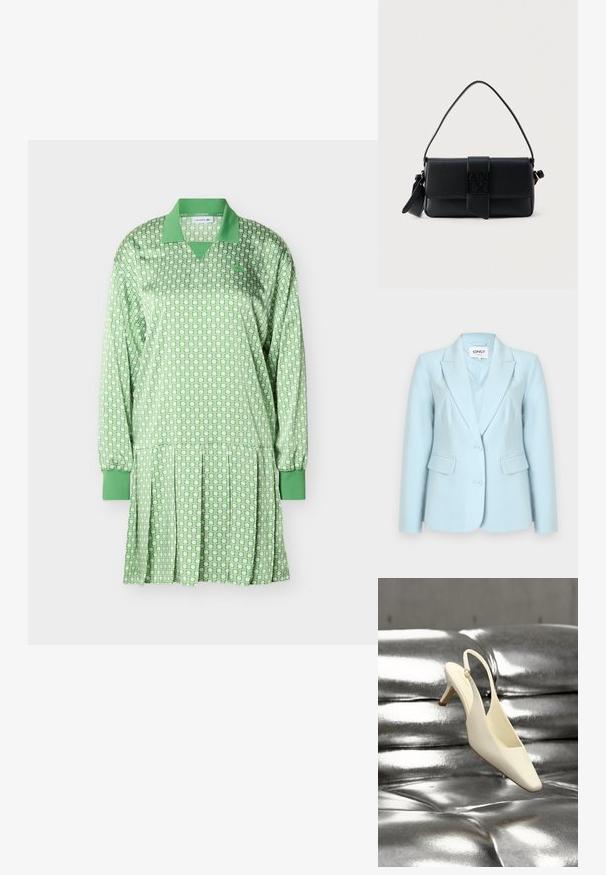 Blazer bleu clair pour femme avec deux boutons, revers crantés et poches à rabat, étiquette "ONLY" à l'intérieur du col.; Robe verte à manches longues avec motif géométrique blanc, col et poignets verts, jupe plissée, logo Lacoste sur la poitrine.; Chaussure à talon kitten slingback crème avec un bout carré reposant sur une surface en cuir argenté capitonnée et brillante.; Sac à bandoulière en cuir noir texturé avec fermeture à rabat et logo carré embossé sur la sangle avant, forme rectangulaire fine.