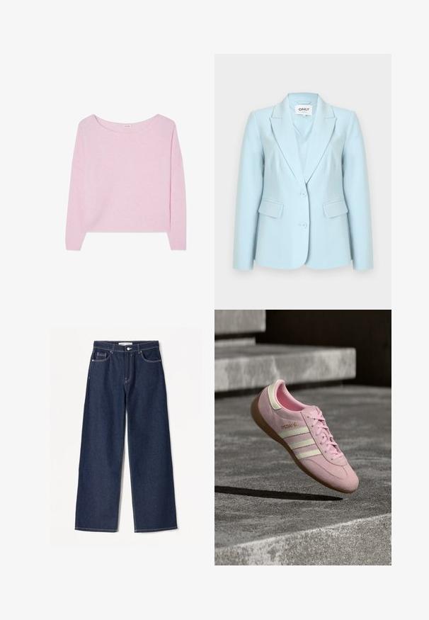 Hellblauer Damenblazer mit zwei Knöpfen, Revers mit Kerbe und Pattentaschen, innen am Kragen mit "ONLY"-Etikett.; Weicher, hellrosa Pullover mit langen Ärmeln, weitem Rundhalsausschnitt sowie gerippten Bündchen und Saum.; Dunkelblaue Schlagjeans aus Denim-Stoff mit weißen Nähten, zwei vorderen Taschen und einem klassischem Knopfverschluss.; Rosa Wildleder-Sneaker mit drei weißen Streifen, Schnürdesign, Gummisohle und goldenem Logodetail an der Seite. Weiche Textur mit abgerundeter Form.