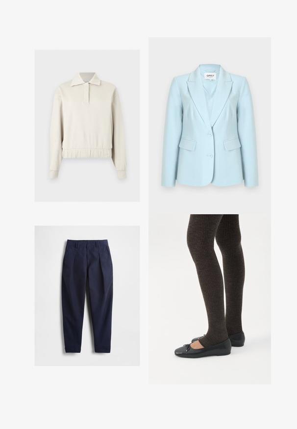 Blazer bleu clair pour femme avec deux boutons, revers crantés et poches à rabat, étiquette "ONLY" à l'intérieur du col.; Pull beige à manches longues avec col, patte de boutonnage à l'avant, poignets côtelés et ceinture élastique sur un fond uni.; Pantalon bleu marine à texture lisse, doté d'un devant plissé, de deux poches latérales et d'un revers plié. Taille élastique pour plus de confort.; Jambes portant des leggings côtelés foncés associés à des ballerines noires avec de petits détails en nœud sur fond blanc.