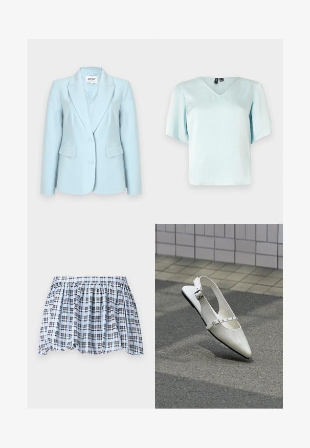 Lyseblå damesblazer med to knapper, hakkede revers og klaplommer, mærket "ONLY" indeni kraven.; Lyseblå V-hals bluse med korte puffærmer, lavet af glat stof. Den har en afslappet pasform og ingen synlige mønstre eller dekorationer.; Blå- og hvidternet nederdel med elastisk talje og indsamlet design, med marineblå linjer der skaber et struktureret mønster.; Hvid spids slingback flad sko med to sølvspænder, vist udendørs på tekstureret underlag og flisebelagt væg baggrund.