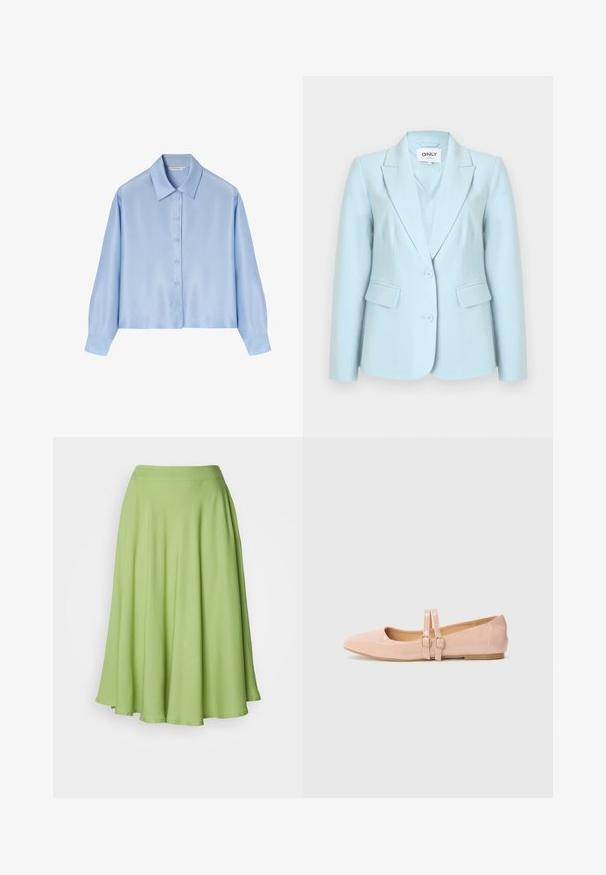Blazer bleu clair pour femme avec deux boutons, revers crantés et poches à rabat, étiquette "ONLY" à l'intérieur du col.; Chemise bleu clair en satin à manches longues, avec un devant boutonné, un col classique et des poignets. Texture lisse avec une coupe décontractée.; Jupe midi en forme A en tissu vert vif. Texture lisse avec une taille large et une silhouette fluide.; Ballerines en cuir verni rose pâle avec un bout pointu, dotées de deux brides ajustables et d'une semelle plate en caoutchouc.