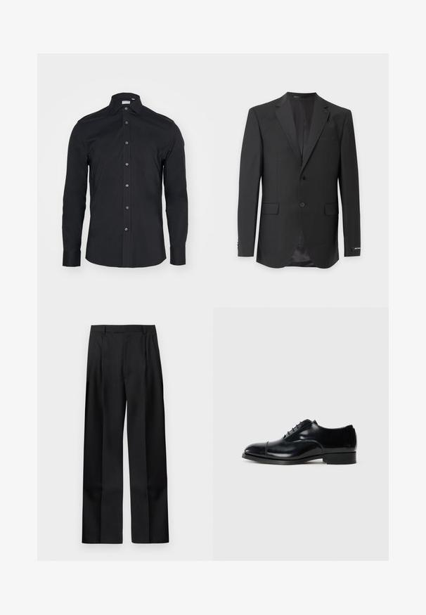 Schwarze Herrenmaßanzugsjacke mit Kerbklappen, zwei vorderen Knöpfen, vorderen Pattentaschen und leicht glänzendem Innenfutter.; Schwarze Langarm-Button-Up-Bluse mit klassischem Kragen. Hergestellt aus glattem Stoff, verfügt über Vorderknöpfe und abgerundete Manschetten.; Schwarze, maßgeschneiderte, gerade geschnittene Hose mit Gürtelschlaufen, vorderem Reißverschluss und Seitentaschen vor weißem Hintergrund.; Schwarze Leder-Dressschuhe mit polierter Oberfläche, runder Zehenform, Schnürdesign und niedrigem gestapeltem Absatz, versehen mit einer dezenten Nahtdetail.