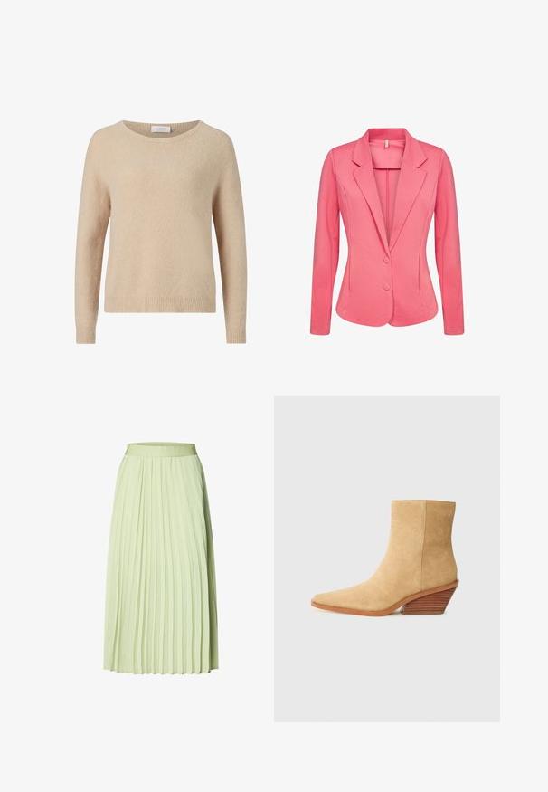 Pink damesblazer med lange ærmer, hakkede revers og to dækkede knapper foran, skræddersyet pasform.; Beige striktrøje med rund halsudskæring, lange ærmer og ribkant. Blød tekstur og afslappet pasform. Mærke synligt ved halsudskæringen.; Lysegrøn midilang plisseret nederdel med et tætsiddende taljebånd og jævnt fordelte vertikale folder.; Brune suedestøvle til anklen med spids tå og skrå træhæl med lodrette riller. Glat tekstur, minimalistisk design.