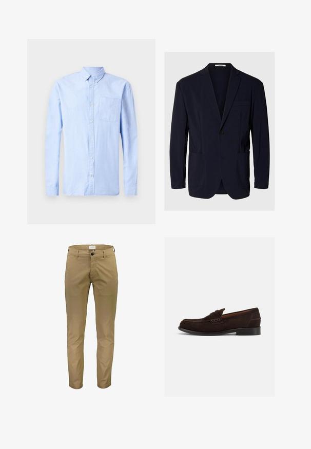 Marineblauwe blazer met één knoop, met inkeping revers, twee onderste opgestikte zakken en één borstzak, weergegeven op een effen achtergrond.; Lichtblauw langarm overhemd met knopen, gemaakt van zachte stof, met een button-down kraag en een enkele borstzak.; Lindbergh SUPERFLEX CHINO PANTS - Chino - deep sand; Donkerbruine suède herenslipper met decoratieve stiksels en lage hak, vanaf de buitenkant getoond tegen een eenvoudige lichte achtergrond.