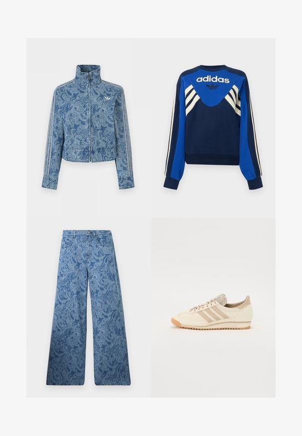 Blaues Reißverschluss-Jacke mit hellem Paisley-Muster, hohem Kragen und drei gestreiften Details entlang der Ärmel, mit kleinem Logo auf der Brust.; Marineblaue und blaue Adidas Sweatshirt mit weißen Streifen an Ärmeln und Brust, mit Adidas Logo und Trefoil-Design auf der Vorderseite.; Blaue Jeans mit weitem Bein und hoher Taille mit einem filigranen Paisley-Muster und klassischem Fünf-Taschen-Design.; Helle beige Sportschuh mit einem Obermaterial aus Mesh, drei Streifen und einer strukturierten Gummisohle. Verfügt über eine abgerundete Zehenpartie und minimalistisches Design.