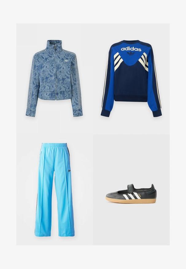 Blauwe jas met rits en een licht paisley-patroon, hoge kraag en drie gestreepte details langs de mouwen, met een klein logo op de borst.; Donkerblauwe en blauwe Adidas sweater met witte strepen op de mouwen en borst, met Adidas-logo en klaverbladontwerp aan de voorkant.; Lichtblauwe sportbroek met een elastische tailleband, zijritsen en zwarte accenten aan de zijkanten. Zachte stof met een losse, wijde pijpdesign.; Zwarte leren en suède sneaker met een klittenbandsluiting, voorzien van drie witte strepen en een gumzool, met de naam "SAMBA" aan de zijkant.