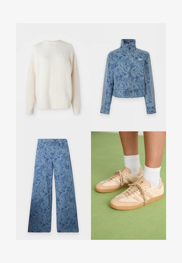 Chaqueta azul con cremallera, patrón paisley claro, cuello alto y tres detalles a rayas a lo largo de las mangas, con un pequeño logotipo en el pecho.; Sudadera de felpa blanca y de gran tamaño con puños y dobladillo acanalados. Presenta un pequeño logotipo tono sobre tono en el lado izquierdo del pecho. Textura suave y corte holgado.; Vaqueros anchos azules de talle alto con un elaborado patrón de cachemir y diseño clásico de cinco bolsillos.; Pies con zapatillas Adidas tejidas beige con suelas de goma y calcetines blancos justo por encima del tobillo sobre un suelo verde texturizado.