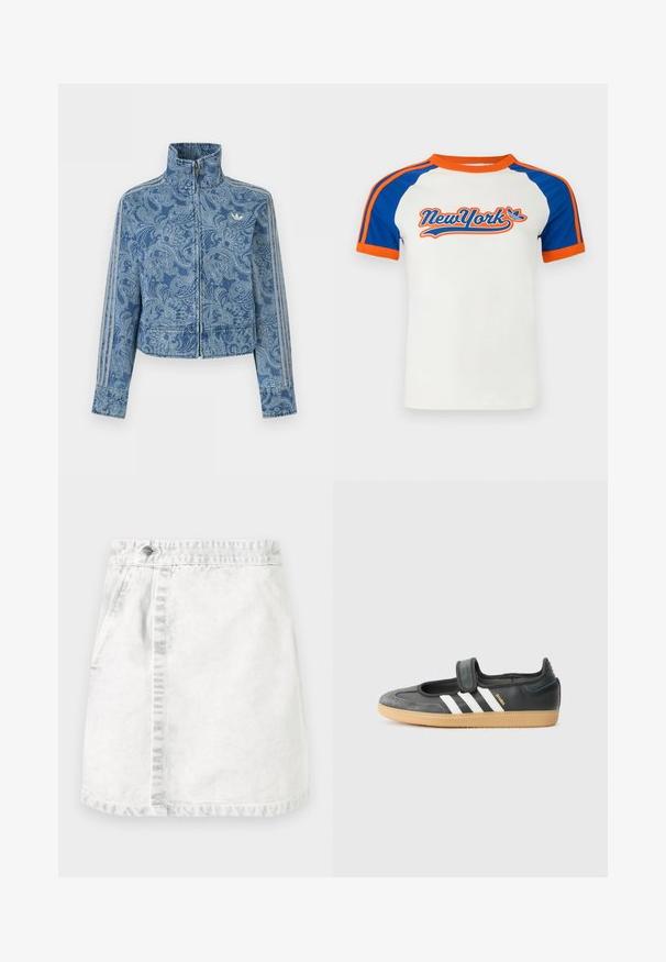 Blauwe jas met rits en een licht paisley-patroon, hoge kraag en drie gestreepte details langs de mouwen, met een klein logo op de borst.; Witte T-shirt met korte mouwen, blauwe raglanmouwen en oranje accenten, met een "NewYork"-grafiek in gestileerde letters aan de voorkant.; Denimrok in lichtgrijs. A-lijn ontwerp met voorzakken, een zichtbare naad in het midden en een enkele metalen knop op de tailleband.; Zwarte leren en suède sneaker met een klittenbandsluiting, voorzien van drie witte strepen en een gumzool, met de naam "SAMBA" aan de zijkant.