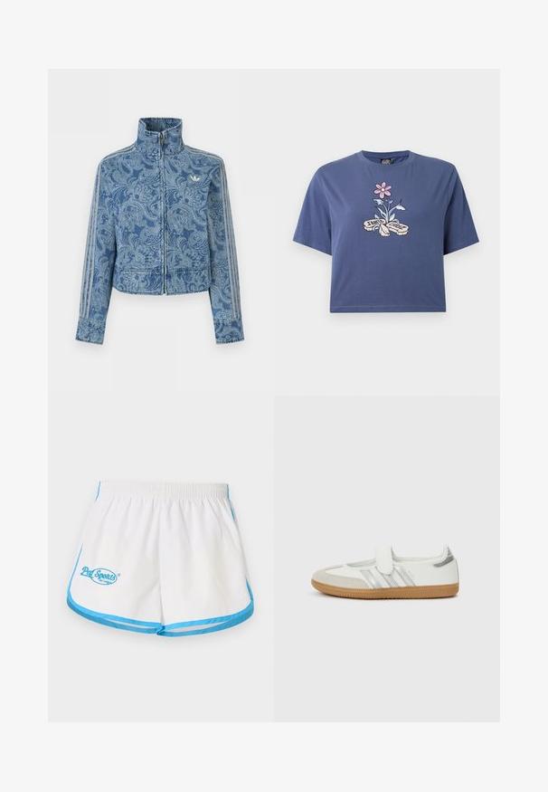 Veste bleue zippée avec un motif paisley clair, col haut, et trois détails rayés le long des manches, avec un petit logo sur la poitrine.; T-shirt bleu raccourci en coton, présentant un graphisme central d'une fleur rose et de feuilles vertes avec le texte "Santa Cruz".; Pal Sporting Goods LEAGUE WOMENS - Short - marshmallow/blue; Baskets blanches avec rayures argentées, embout en daim et bande velcro. Semelle en caoutchouc gomme texturée. Design minimaliste avec une finition lisse.