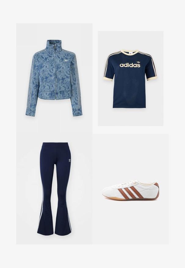 Modrá bunda na zips so svetlým vzorom paisley, vysokým golierom a tromi pruhovanými detailmi na rukávoch, s malým logom na hrudi.; Tmavomodré Adidas sieťované tričko s krátkym rukávom s krémovým lemom, troma krémovými pruhmi na rukávoch a logom Adidas na hrudi.; Námornícke modré rozšírené legíny vyrobené z elastického materiálu, s bielymi bočnými pruhmi a malým logom vpredu. Hladká textúra po celom povrchu.; Biele nízke tenisky s hnedými koženými pruhmi, viazaním na šnúrky a podrážkou z gumovej gumy, zobrazené z vnútornej strany na bielom pozadí.