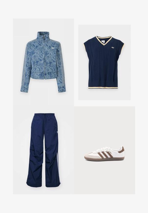 Blauwe jas met rits en een licht paisley-patroon, hoge kraag en drie gestreepte details langs de mouwen, met een klein logo op de borst.; Marineblauwe mouwloze gebreide vest met V-hals, crèmekleurige boord aan hals, mouwen en zoom, en klein Adidas-logo op de linkerborst.; Navyblauwe, lichtgewicht broek met elastische taille en trekkoord, voorzien van witte zijstrepen en een klein logo aan de voorkant. Losse pasvorm.; Witte Adidas Samba sneaker met bruine suède strepen, bruine rubberen zool en beige suède neuskap, getoond vanaf de buitenkant op een effen achtergrond.