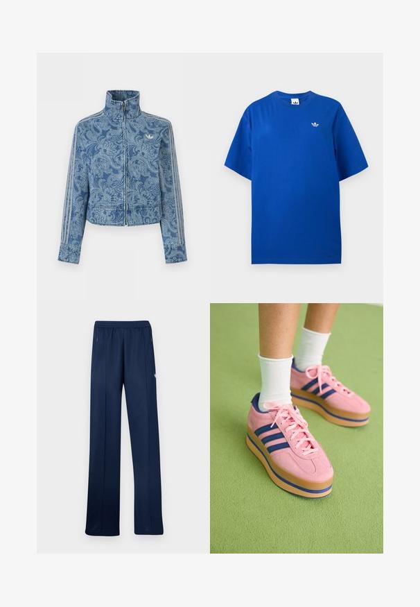 Modrá bunda na zips so svetlým vzorom paisley, vysokým golierom a tromi pruhovanými detailmi na rukávoch, s malým logom na hrudi.; Modré tričko Adidas s krátkym rukávom a okrúhlym výstrihom, s malým bielym logom Adidas trefoil na ľavej strane hrudníka.; Tmavomodré teplákové nohavice s elastickým pásom, bočnými vreckami na zips, rovnými nohavicami a malým bielym logom na pravom stehne.; Ružové semišové platformové tenisky s modrými pruhmi a ružovými šnúrkami. Tlustá béžová podrážka s modrým akcentom. Nosí sa s bielymi členkovými ponožkami na zelenej ploche.