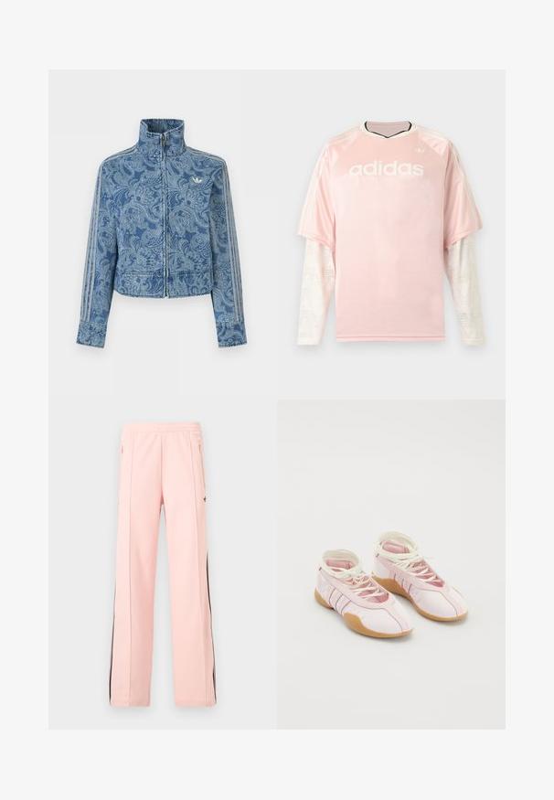 Chaqueta azul con cremallera, patrón paisley claro, cuello alto y tres detalles a rayas a lo largo de las mangas, con un pequeño logotipo en el pecho.; Camiseta de manga larga Adidas de color rosa claro con mangas de malla blanca con patrón y logo de Adidas en el pecho sobre un fondo gris.; Pantalones deportivos de color rosa claro con franjas laterales negras, bolsillos con cremallera y cintura elástica, presentados sobre un fondo blanco liso.; Zapatillas de lona rosa con una textura suave, que presentan un diseño de cordones y una suela de goma. Detalles decorativos y tres franjas en el lateral.