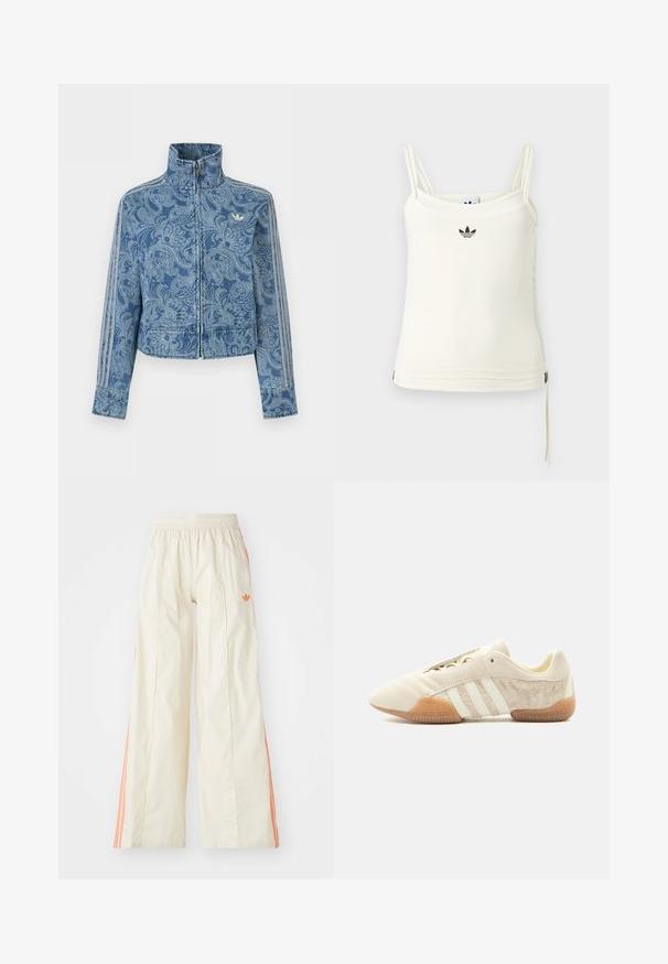 Blå fleecejakke med lynlås, lys paisley-mønster, høj krave og tre stribede detaljer langs ærmerne, med et lille logo på brystet.; Cremefarvet tanktop med tynde stropper; Adidas-logo i sort på brystet. Glat stof med en snorejustering ved kanten. Enkel design.; Cremefarvede bredde benbukser med elastisk talje, der har orange side-striber og et lille orange logo foran.; Lavprofileret beige sneaker med tre hvide striber, teksturerede ruskindssidepaneler, gummisål og snørelukning på ensfarvet baggrund.