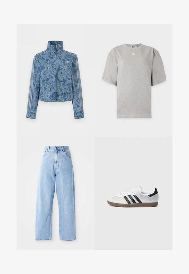 Blå fleecejakke med lynlås, lys paisley-mønster, høj krave og tre stribede detaljer langs ærmerne, med et lille logo på brystet.; Lysegrå Adidas T-shirt med korte ærmer, rund hals og lille hvid Adidas-logo på brystet, vist på en ensfarvet baggrund.; Højhalset lysblå denimjeans med lige vide ben, frontknap, lynlås lukning samt front- og baglommer.; Hvid mesh-sneaker med sorte striber, beige ruskind på tåhætte og hæl, tekstureret gummisål og hvide snørebånd. Klassisk lavtopsdesign.