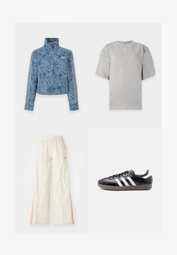 Modrá bunda na zips so svetlým vzorom paisley, vysokým golierom a tromi pruhovanými detailmi na rukávoch, s malým logom na hrudi.; Svetlosivé tričko Adidas s krátkym rukávom, okrúhlym výstrihom a malým bielym logom Adidas na hrudi, zobrazené na jednoduchom pozadí.; Krémové široké nohavice s elastickým pásom, s oranžovými bočnými pruhmi a malým oranžovým logom na prednej strane.; Nízky čierny teniska s textúrou pripomínajúcou hadiu kožu, bielymi pruhmi na boku, čiernymi šnúrkami a priehľadnou hnedou podrážkou.