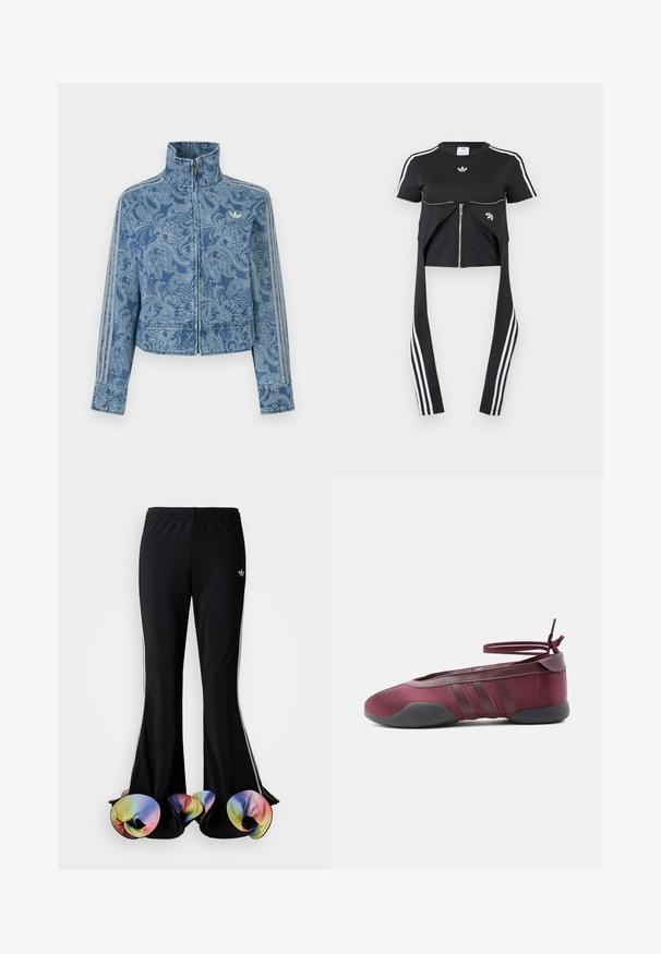 Blå fleecejakke med lynlås, lys paisley-mønster, høj krave og tre stribede detaljer langs ærmerne, med et lille logo på brystet.; Sort kortærmet top med hvide Adidas-striber på ærmerne, lynlåsdetaile foran og forlængede stofpaneler, der hænger ned med tre hvide striber.; Sorte træningsbukser med en bred flared design. Har farverige, flæset nederste kanter og hvide sidelister. Lavet af strækstof.; Burgunderfarvet balletsko med sort sål, elastiske ankelstropper bundet i sløjfe og syninger på siderne, vist fra ydersiden.