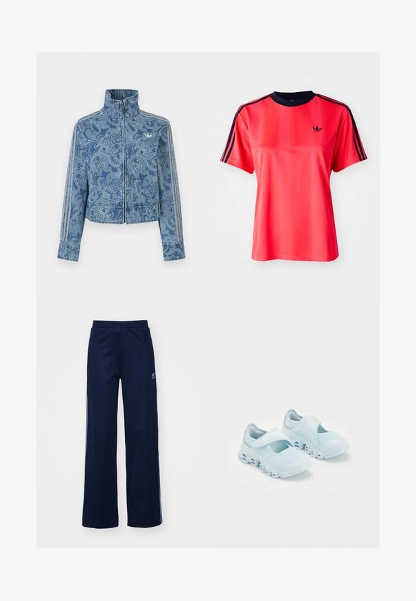 Blå fleecejakke med lynlås, lys paisley-mønster, høj krave og tre stribede detaljer langs ærmerne, med et lille logo på brystet.; Rød sports t-shirt med korte ærmer, der har lodrette striber, en marineblå rund hals og et lille sort logo på forsiden.; Marineblå bomuldsblandede træningsbukser med bred benstil, elastisk talje og lynlåslommer, prydet med hvide sideordner og logo-detalje.; Lyseblå sneakers med mesh-stof, fremtrædende udskæringer i sålen og en velcro-rem på toppen for sikker pasform.
