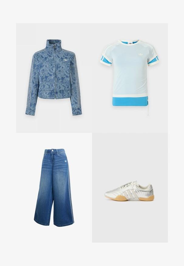 Modrá bunda na zips so svetlým vzorom paisley, vysokým golierom a tromi pruhovanými detailmi na rukávoch, s malým logom na hrudi.; Svetlomodré atletické tričko s bielymi akcentmi a modrými bočnými panelmi. Má okrúhly výstrih a krátke rukávy, vyrobené z hladkej látky.; Džíny s širokými nohavicami v stredne modrej farbe, s vysokým pásom, jemnými švovými detailmi a malým bielym logom na prednej strane.; Strieborná športová obuv s hladkým koženým zvrškom, gumovou podrážkou a textúrovanými detailmi. Má zakrivený dizajn a šnúrky v rovnakom odtieni.