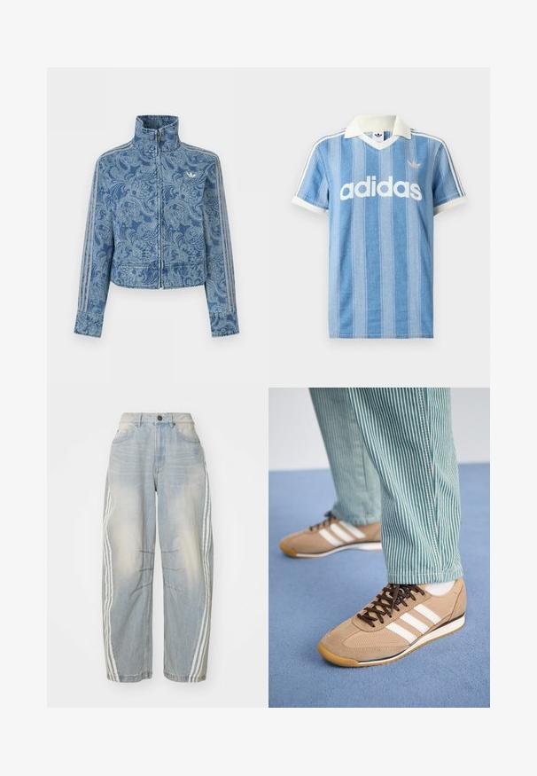 Blauwe jas met rits en een licht paisley-patroon, hoge kraag en drie gestreepte details langs de mouwen, met een klein logo op de borst.; Lichtblauw poloshirt met korte mouwen, verticale strepen, witte accenten en een opvallend wit "adidas"-logo aan de voorkant.; Lichtblauwe denim jeans met een losse pasvorm, voorzien van witte strepen aan de zijkanten, verweringdetails en een knoopsluiting in de taille.; Tan suede en mesh sneakers met bruine veters en drie witte strepen. Gecombineerd met groene en witte gestreepte broeken, rustend op een blauwe ondergrond.