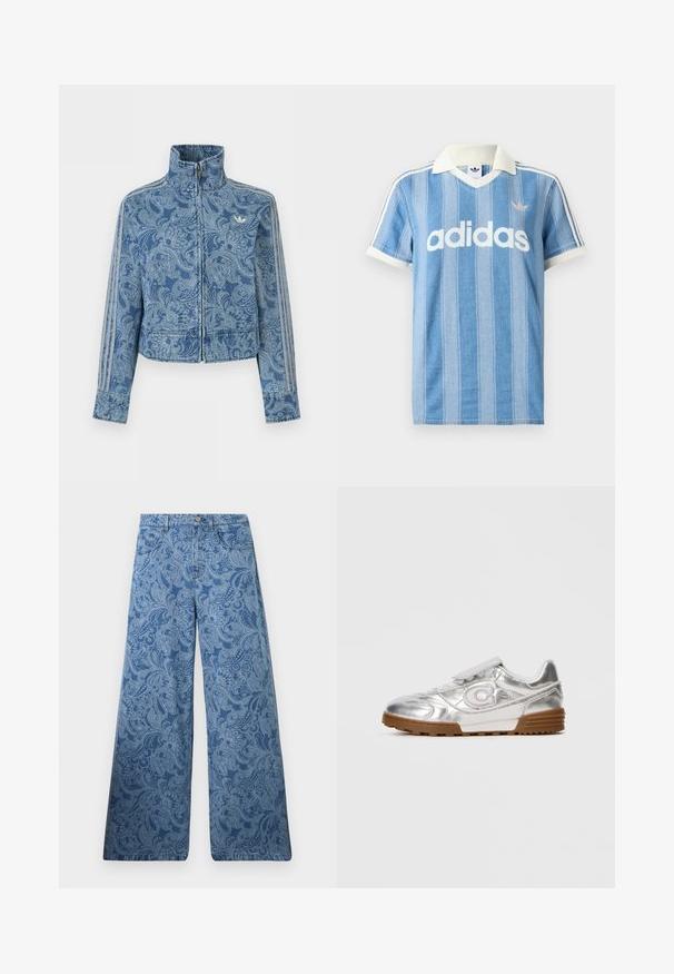 Veste bleue zippée avec un motif paisley clair, col haut, et trois détails rayés le long des manches, avec un petit logo sur la poitrine.; Polo à manches courtes bleu clair avec des rayures verticales, des accents blancs et un logo "adidas" blanc proéminent à l'avant.; Jean bleu à jambes larges avec une taille haute présentant un motif cachemire complexe et un design classique à cinq poches.; Sneaker métallique argenté avec un logo "C" blanc, des lacets blancs et une semelle en caoutchouc marron, présenté sur le côté sur un fond clair uni.