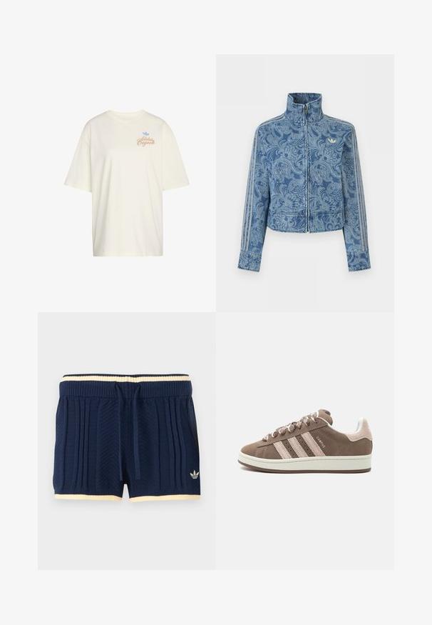 Modrá bunda na zips so svetlým vzorom paisley, vysokým golierom a tromi pruhovanými detailmi na rukávoch, s malým logom na hrudi.; Biele tričko Adidas Originals s krátkym rukávom, malým oranžovým logom a modrým symbolom trefoil na hornej ľavej časti hrudníka.; Tmavomodré pletené šortky s rebrovanou textúrou, krémovým lemovaním na páse a leme, sťahovacie šnúrky vpredu a logom Adidas na ľavej nohe.; Hnedá semišová teniska Adidas Campus so svetloružovými pruhmi, šnúrkami a pätovou záložkou, biela podrážka a bočný nápis „CAMPUS“, zobrazená v profile.