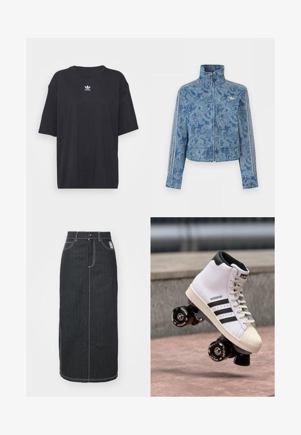 Blaues Reißverschluss-Jacke mit hellem Paisley-Muster, hohem Kragen und drei gestreiften Details entlang der Ärmel, mit kleinem Logo auf der Brust.; Schwarzes Baumwoll-T-Shirt mit kurzen Ärmeln, rundem Halsausschnitt, mit einem weißen Adidas-Logo auf der Brust. Einfaches Design, lockere Passform.; Schwarzer Denim-Midirock mit weißen vertikalen Streifen. Verfügt über einen Knopfverschluss, zwei Fronttaschen und kontrastierende Nähte. Gerader Schnitt.; Weiße High-Top Rollschuhe; Obermaterial aus Leder mit drei schwarzen Streifen; schwarzer Absatz; Gummisohle; verziert mit Adidas-Branding auf den Rollen.