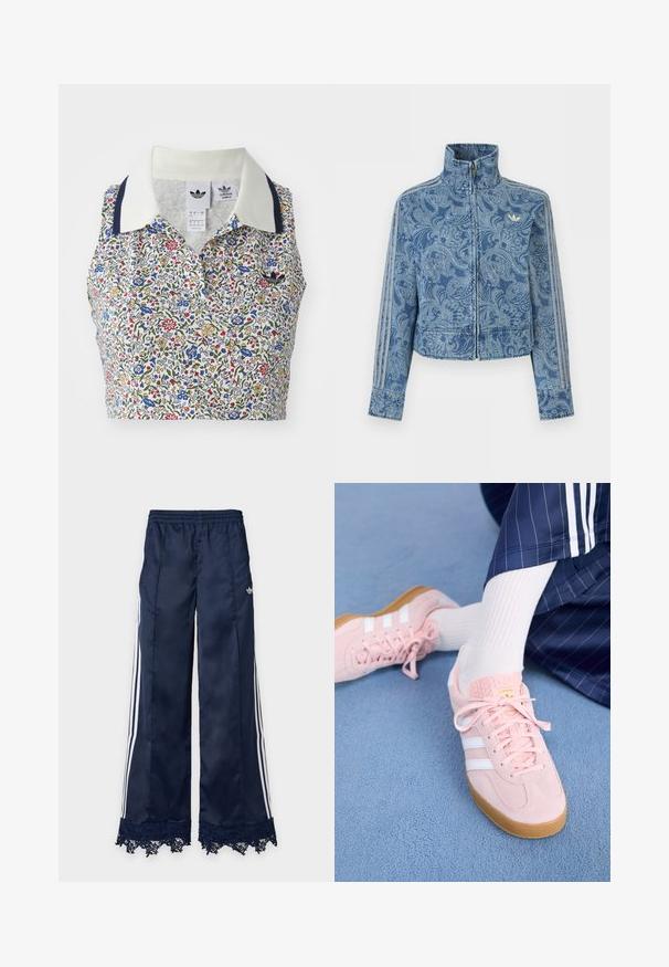 Chaqueta azul con cremallera, patrón paisley claro, cuello alto y tres detalles a rayas a lo largo de las mangas, con un pequeño logotipo en el pecho.; Top de cultivo floral con base blanca decorada con flores azules, rojas y amarillas. Incluye un cuello blanco con acentos en azul marino y un logo bordado.; Pantalones deportivos de pierna ancha azul marino con rayas laterales blancas, cintura elástica, logo de adidas en la cadera y detalle de encaje en el dobladillo.; Zapatillas de suéd de color rosa claro con rayas y cordones blancos, que presentan una lengüeta texturada y una suela de goma, colocadas sobre una alfombra azul.