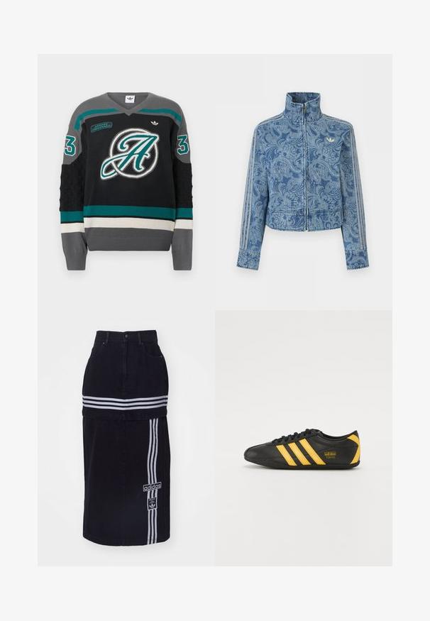Veste bleue zippée avec un motif paisley clair, col haut, et trois détails rayés le long des manches, avec un petit logo sur la poitrine.; Pull en tricot noir avec col en V, rayures diagonales turquoise et grises, grand logo lettre "A", et ourlet contrastant avec des rayures. Taille 3.; Jupe en denim noir à taille haute, avec deux bandes horizontales blanches, une étiquette de logo Adidas sur le côté et un design droit.; Chaussure de sport en cuir noir avec un design à trois rayures jaunes, embout arrondi, lacets noirs et petit logo sur le côté. Silhouette profil bas.
