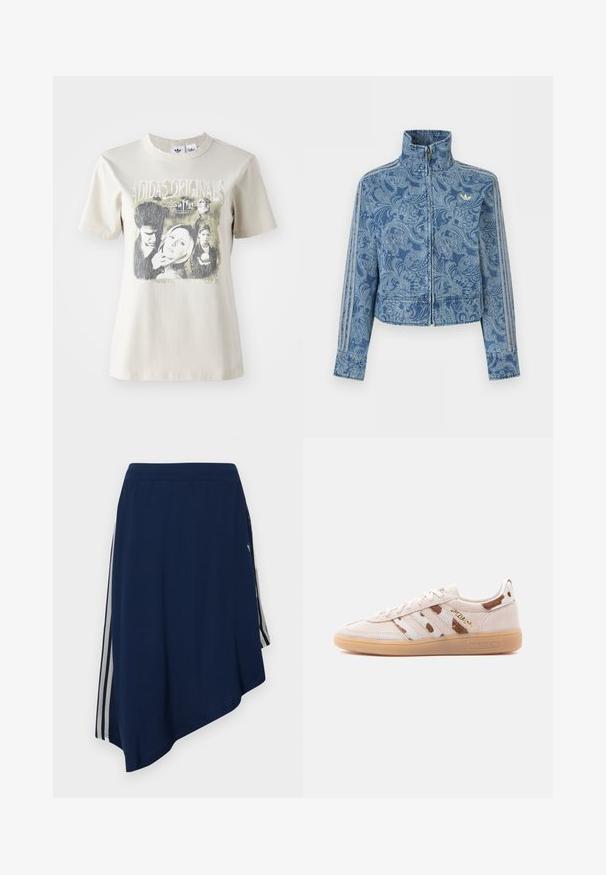 Blå fleecejakke med lynlås, lys paisley-mønster, høj krave og tre stribede detaljer langs ærmerne, med et lille logo på brystet.; Beige bomulds t-shirt med rund hals. Har et grafisk print med karakterer og tekst fra "Buffy" i sort og grå nuancer.; Marineblå asymmetrisk nederdel med hvide lodrette striber på siderne og et struktureret stofmønster.; Beige lavt snøresko i ruskind med gummisål, brun- og hvidstribet mønster, "SPEZIAL" i guldbogstaver på siden.