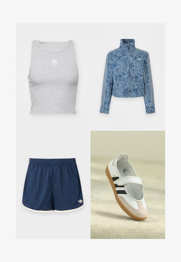Sinine lukuga jope heleda paisley-mustriga, kõrge kraega ja kolme triibulise detailiga varrukatel, rinnal väike logo.; Hallikas, ilma varrukat crop top pehmest kangast, ümarate kaelustega ja väikese valge Adidas logo'ga rinna peal.; Tumesinised spordipüksid elastse vöökohaga, valge äärega, hingavast võrgukangast ja Adidas logo alumise parema jala juures.; Valge king, millel on roosa sametist varvas, mustad triibud ja Velcro rihm. Omab pruuni kummist talla ja külje peal logo.