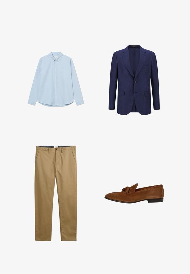 Marineblaues Leinenblazer mit einem Knopf, Reverskragen und zwei Fronttaschen. Leichter Stoff mit strukturierter Oberfläche.; Himmelblaues langärmliges Button-up-Hemd mit spitzem Kragen, einem einzelnen Brustlogo und abgerundetem Saum. Hergestellt aus glattem Gewebe mit schlichter Textur.; Khakifarbene Baumwollhose mit geradem Schnitt, ausgestattet mit Seitentaschen, einem Knopfverschluss und einem strukturierten Stoff.; Brauner Wildleder-Herrenschlupfschuh mit Quasten, niedrigem schwarzem Absatz, abgerundetem Zeh und gesteppten Details entlang des Obermaterials.