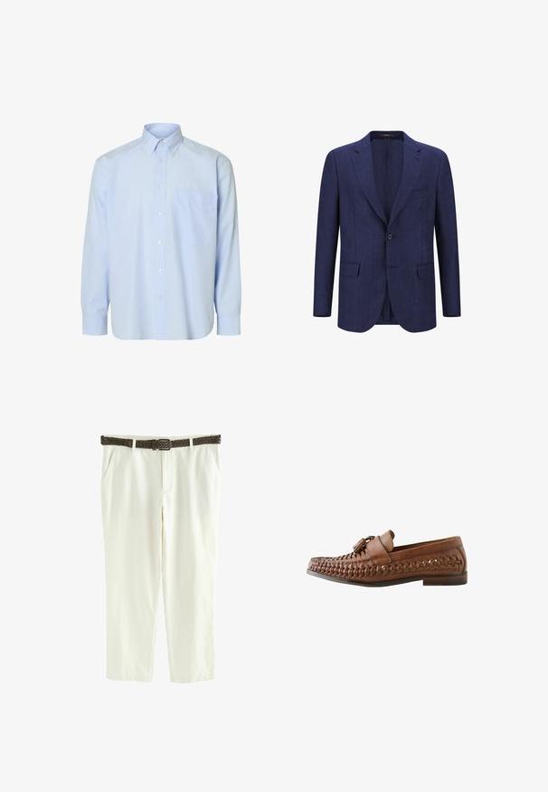 Marineblaues Leinenblazer mit einem Knopf, Reverskragen und zwei Fronttaschen. Leichter Stoff mit strukturierter Oberfläche.; Hemd aus hellblauem Stoff mit langen Ärmeln, weißen senkrechten Streifen, einer einzelnen Brusttasche und einem klassischen Kragen. Glatte Stoffstruktur.; Cremfarbene, leichte Baumwollhosen mit geradem Schnitt und zwei Seitentaschen, ergänzt durch einen dunklen geflochtenen Gürtel.; Brauner, geflochtener Ledermokassin mit Quasten oben und niedrigem geschichtetem Absatz, im rechten Seitenprofil auf weißem Hintergrund dargestellt.