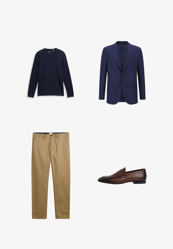 Blazer de lino azul marino con un solo botón, solapas de pico y dos bolsillos frontales. Tejido ligero con un acabado texturizado.; Camiseta de manga larga azul marino hecha de algodón suave, con un cuello redondo, dobladillos cosidos y un pequeño logo bordado en el pecho.; Pantalones de algodón color caqui con corte recto, que cuentan con bolsillos laterales, cierre de botón y una tela texturizada.; Mocasín de cuero marrón oscuro para hombre con tira tipo penny, puntera redondeada, tacón bajo y acabado liso.