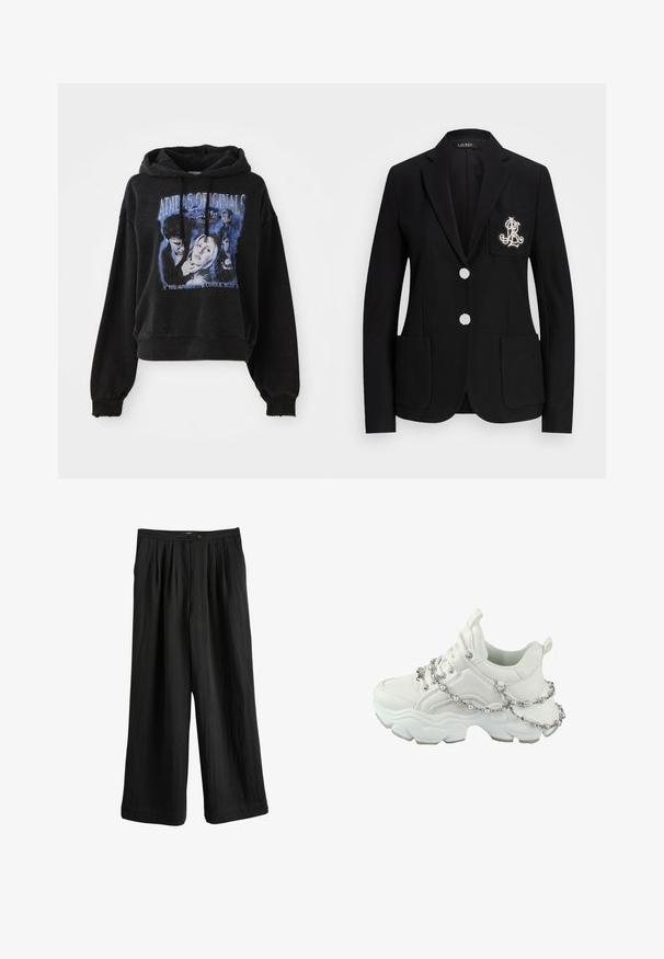 Zwart op maat gemaakte blazer met twee witte knopen, drie voorzakken en een wit geborduurd monogram op de linker borstzak.; Zwarte cropped hoodie van katoen met een capuchon en een trekkoord. Heeft een grafische print in het blauw, met afbeeldingen van personages en tekst.; Zwarte broek met wijde pijpen van lichtgewicht stof, voorzien van een geplooide voorkant, een knoopsluiting en een gladde textuur.; Chunky witte sneaker met een glad leren bovenwerk, vetersluiting, rubberen zool en een decoratieve ketting met parels rond de enkel.