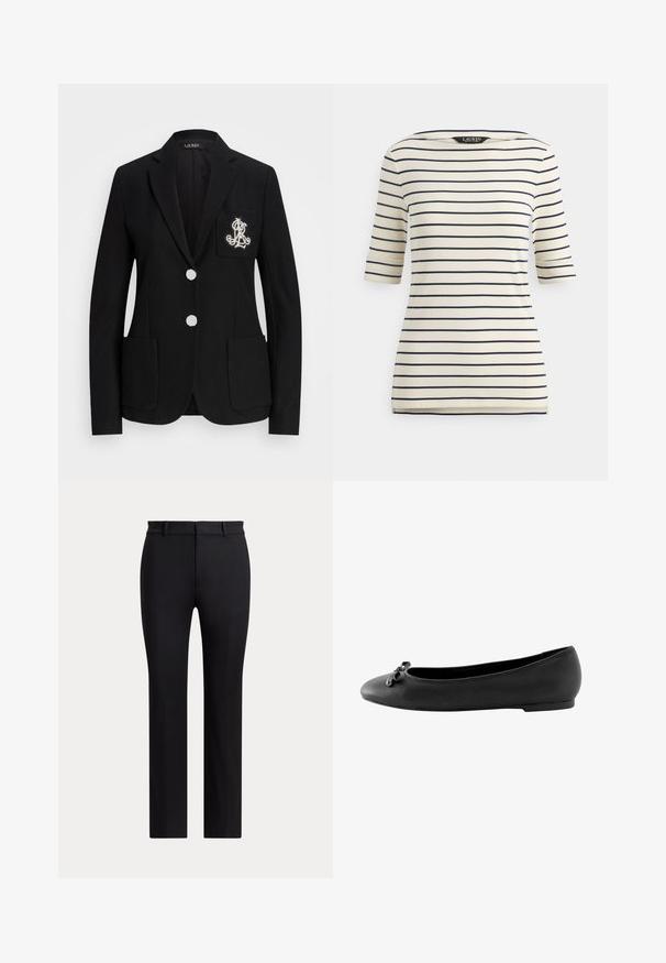 Blazer noir sur mesure avec deux boutons blancs, trois poches avant et un monogramme blanc brodé sur la poche poitrine gauche.; Chemise couleur crème avec des rayures horizontales bleu marine, manches trois-quarts et encolure bateau.; Pantalon noir à jambes droites avec passants de ceinture et coupe slim, présenté sur un fond clair uni.; Ballerines en cuir noir avec un bout rond et une semelle plate, ornées d'un accent de nœud décoratif à l'avant. Texture lisse sur l'ensemble.