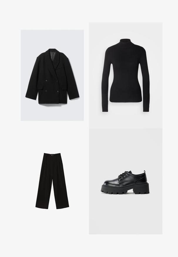 Sort dobbeltbrystet frakke i uldblanding med klapkrave, to forlommer og en struktureret overflade.; Sort turtleneck sweater lavet af let strikket stof. Har lange ærmer, et tætsiddende design og en blød ribbet tekstur.; Sorte brede bukser med høj talje, der har et bælte i taljen og plisseringer for tekstur. Fremstillet af et glat, letvægtsstof.; Sorte lædersko med rund tå, snøresystem og en kraftig gummisål med dybe slidbaner. Enkel syning langs kanterne.