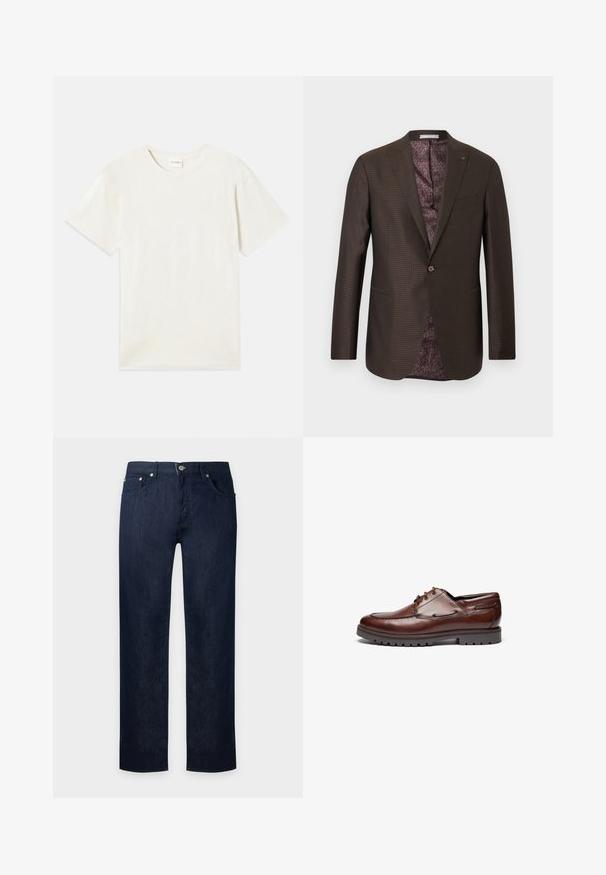 Herre mørkebrun enkeltknappet blazer med et subtilt ternet mønster og lilla mønstret inderfor, med en lille "MK" logonål på reversen.; Korte ærmer, crew neck t-shirt i lys beige, blødt bomuldsstof med en afslappet pasform og uden synlige mønstre eller accenter.; Mørkeblå straight-leg denim jeans med forreste knap og fem-lomme design, vist på en ensfarvet lys baggrund.; Brun lædersko med en rund tå, snørebåndsdesign, polstret krave og struktureret sål for greb. Accentsyne langs siderne.