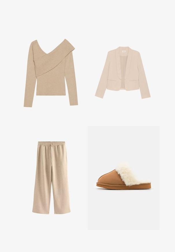 Beige dames skræddersyet blazer med sjalskrave, lange ærmer, to forreste paspolerede lommer og en kortet bund.; Even&Odd Striktrøje - mottled beige; Beige vide benbukser lavet af blødt stof, med en elastisk talje og snor, og en diskret prikket tekstur hele vejen igennem.; Brune ruskindslippers med en hvid faux fur manchet, lukket tå-design, flad sål og synlige syninger langs kanterne.