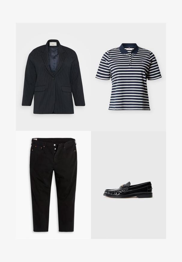 Marineblaues Nadelstreifenblazer mit einer einzelnen Knopfverschluss, Reverskragen und zwei Fronttaschen. Glatte Innenausstattung und lässige Passform.; Marineblau und weiß gestreiftes Poloshirt mit kurzen Ärmeln, einem marineblauen Kragen und vier Knöpfen an der Knopfleiste.; Schwarze Jeanshose mit geradem Bein. Verfügt über fünf Taschen, Metallknopfverschluss und orangefarbene Nähtigkeiten. Aus Baumwollmaterial.; Schwarze LederSlipper mit runder Zehenform, dekorativen Nähten und einem kleinen goldenen Akzent auf dem Vorderblatt. Flache Gummisohle, elegantes Design.