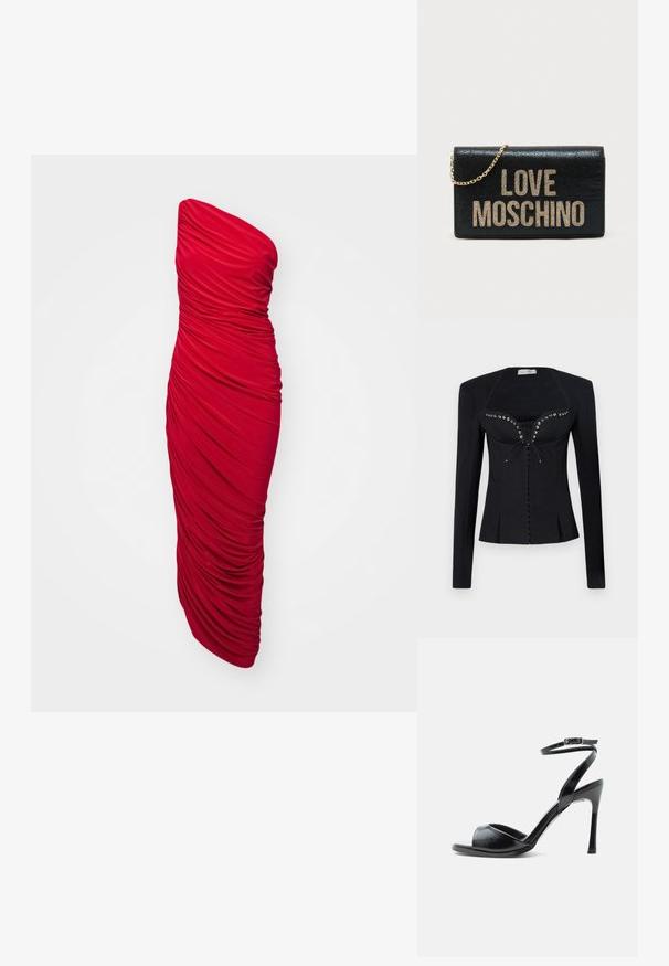 Ludovic de Saint Sernin REBECCA JACKET - Blejzer - black; Červené, bezramienkové, bodycon šaty s riasenou tkaninou pre zvrásnenú textúru, dlhá dĺžka a elegantný silueta.; Čierna sandála na vysokom opätku s otvorenou špičkou, úzkym ihlovým opätkom a remienkom na členku so sponou na bielom pozadí.; Čierna peňaženka z umelej kože so zlatým reťazovým remienkom, na prednej strane s nápisom "LOVE MOSCHINO" v zlatej trblietavej farbe. Hladká textúra, obdĺžnikový tvar.