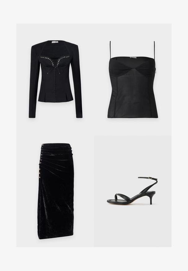 Ludovic de Saint Sernin REBECCA JACKET - Blazer - black; Sort ærmeløs tætsiddende top med tynde skulderstropper, hjerteformet udskæring og sømdetaljer på en ensartet hvid baggrund.; Rabanne Pencil skirt - black; Sort damesandal i læder med tynde remme, en tå-loop, ankelspænde og en mellemhøj stiletthæl på en neutral baggrund.