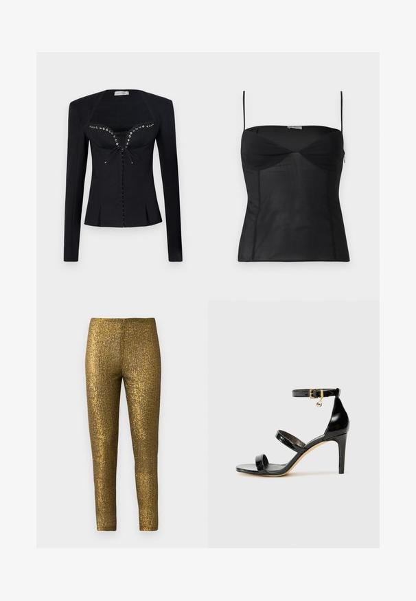 Ludovic de Saint Sernin REBECCA JACKET - Blazer - black; Top negro sin mangas ajustado con tirantes delgados, escote corazón y detalles de costuras sobre un fondo blanco liso.; Leggings metálicos dorados con un patrón de rayas verticales texturizadas. La tela tiene un acabado brillante y una silueta ajustada y esbelta.; Sandalia de charol negro con tres correas, hebilla en el tobillo y tacón de aguja de 10 cm. Presenta detalles de hardware en oro y un charm con el logo.