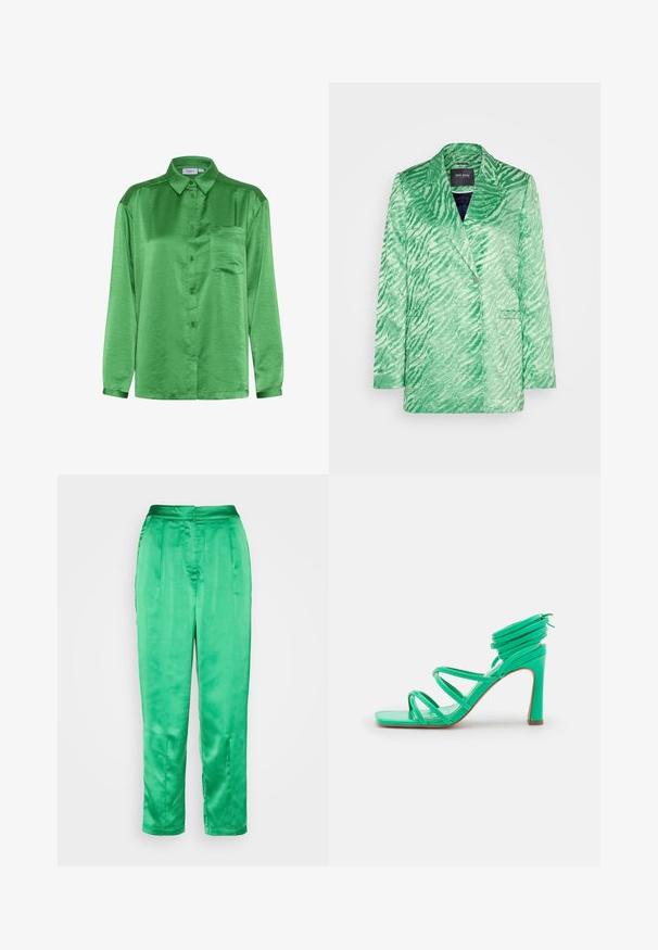Grüner Blazer im Zebramuster, strukturierter Stoff, Reverskragen, Ein-Knopf-Verschluss, zwei vordere Taschen, moderne taillierte Form.; Grünes Satinhemd mit langen Ärmeln, Knopfverschluss vorne, einer Brusttasche und glatter Textur. Kragen und Manschetten sind aus demselben Stoff.; Lollys Laundry MAISIE PANTS - Stoffhose - green; NA-KD STRAPPY FUNNEL - High Heel Sandalette - green