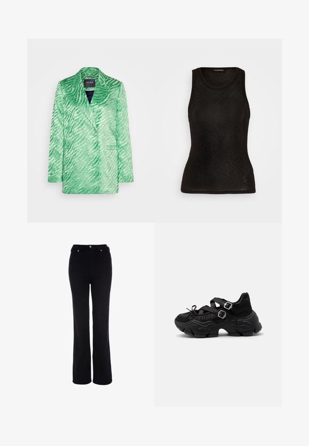 Grøn zebra-print blazerjakke, tekstureret stof, spids krave, enkelt knaplukning, to forlommer, moderne skåret form.; Even&Odd Top - black; Sorte bukser med højt liv og lige ben med knap- og lynlåslukning, bæltestropper og forlommer.; Sort chunky sneaker med tyk sål, to justerbare stropper med sølvspænder og snøredetalje foran.