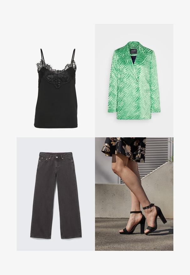 Blazer à rayures zèbres vertes, en tissu texturé, col cranté, fermeture à un bouton, deux poches avant, coupe moderne ajustée.; Camisole noire à fines bretelles avec des détails en dentelle décorative le long du décolleté et de la partie supérieure de la poitrine.; Jean en denim noir à jambes larges avec rivets en cuivre, cinq poches et fermeture par boutons. Texture douce et robuste, coupe droite de la taille à l'ourlet.; Des sandales à talons hauts en suede noir présentent une bride de cheville avec une boucle, un design à bout ouvert et un talon épais. Texture lisse et style minimaliste.