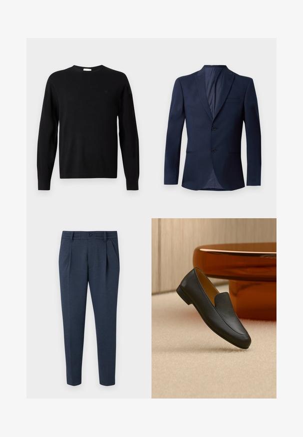 Laivastonsininen bleiseri, jossa on notched-lapeli, kaksi nappia, sivutaskut ja sileä rakenne ilman kuvioita.; Musta pitkähihaainen crewneck neuletakki, jossa on hillitty "cK" logo vasemmassa rinnassa, ribbaus hihansuissa ja helmassa, esitelty valkoisella taustalla.; Tummansininen räätälöity housut, jotka on valmistettu tekstuurista kankaasta, varustettuna vetoketjukiinnityksellä, yhdellä napilla sekä kahdella etutaskulla, joissa on laskoksia.; Mustasta nahasta valmistettu loafer-kenkä lepää beigellä matolla, taustalla kiiltävä ruskea pyöreä pöytä.
